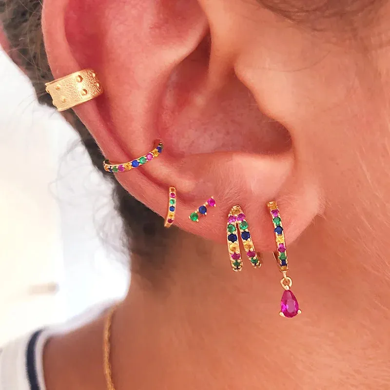 Diamond-Stud Turquoise Hoops Earrings
