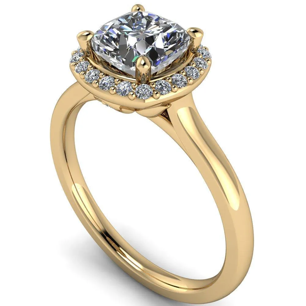 Diana Cushion Center Stone 4 Prong Halo Flower Basket Engagement Ring