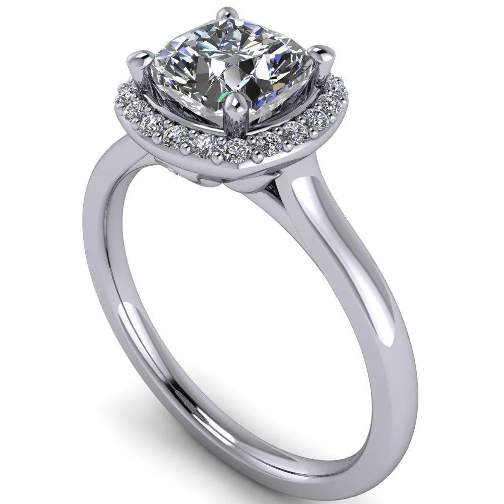 Diana Cushion Center Stone 4 Prong Halo Flower Basket Engagement Ring