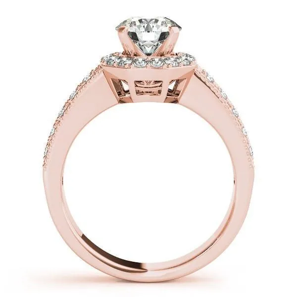 Doll Round Center Stone Diamond Hexagon Halo and Double Shank Ring