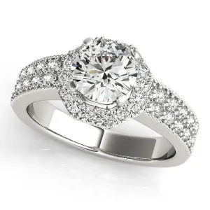 Doll Round Center Stone Diamond Hexagon Halo and Double Shank Ring