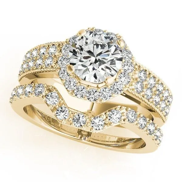 Doll Round Center Stone Diamond Hexagon Halo and Double Shank Ring