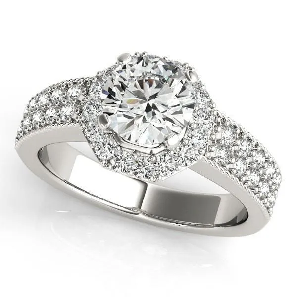 Doll Round Center Stone Diamond Hexagon Halo and Double Shank Ring