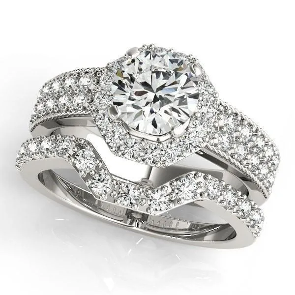 Doll Round Center Stone Diamond Hexagon Halo and Double Shank Ring