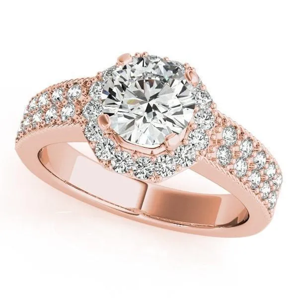Doll Round Center Stone Diamond Hexagon Halo and Double Shank Ring