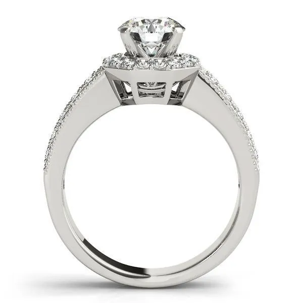 Doll Round Center Stone Diamond Hexagon Halo and Double Shank Ring