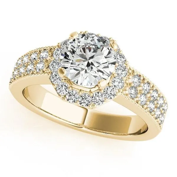 Doll Round Center Stone Diamond Hexagon Halo and Double Shank Ring
