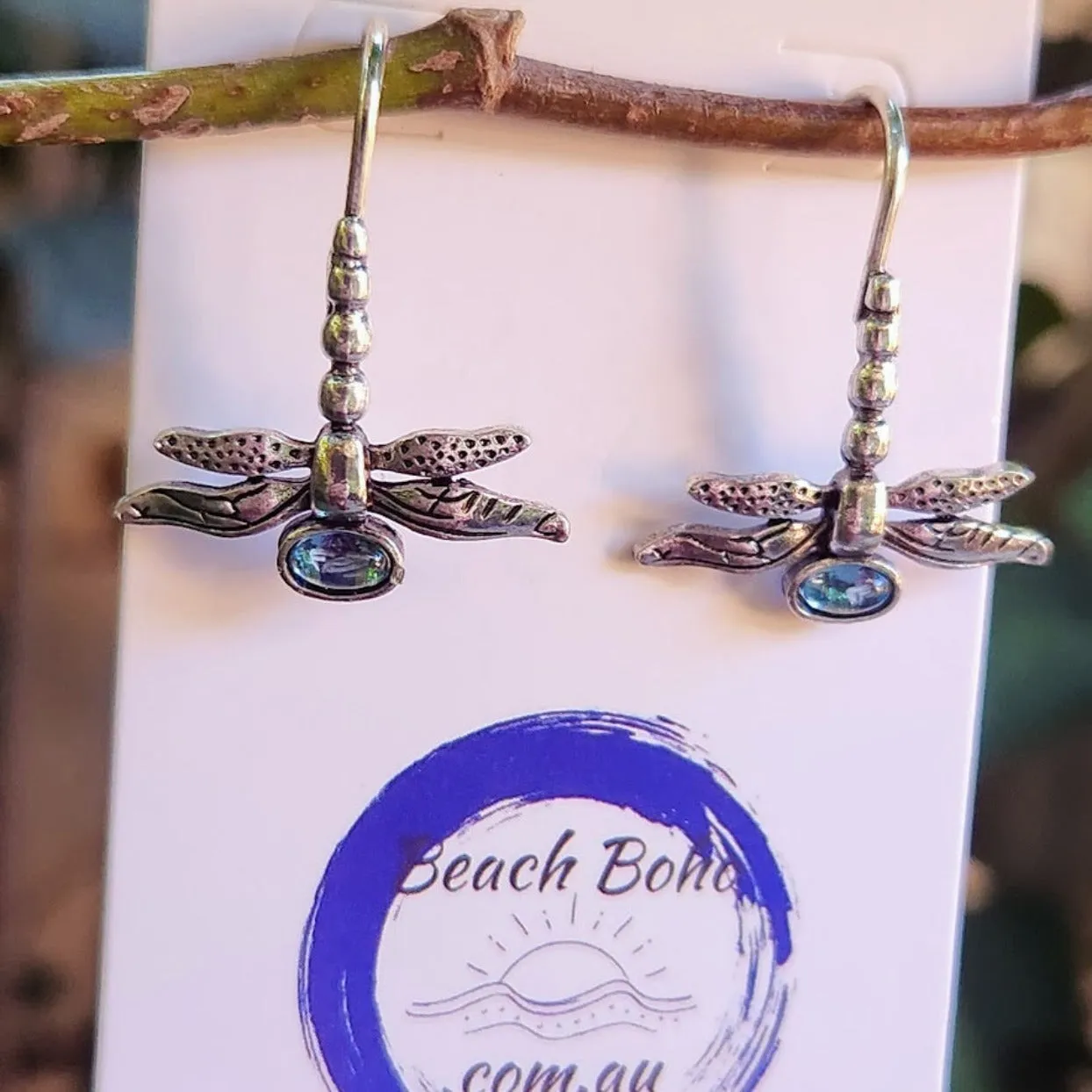 DRAGONFLY - BLUE TOPAZ CRYSTAL SILVER HOOK EARRINGS
