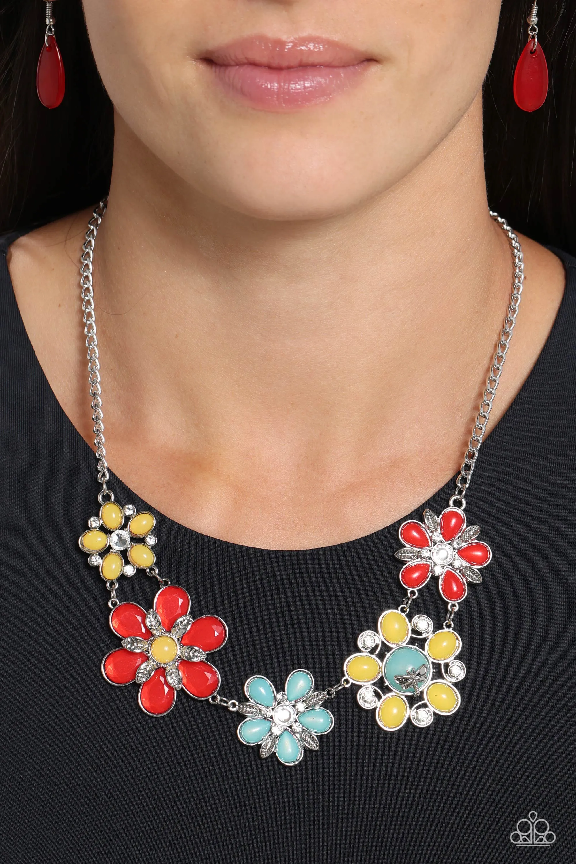 Dragonfly Decadence - Red - Yellow, and Blue Beaded Flower Paparazzi Short Necklace