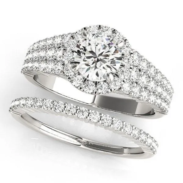 Echo Round Center Stone Triple Diamond Row with Halo Engagement Ring