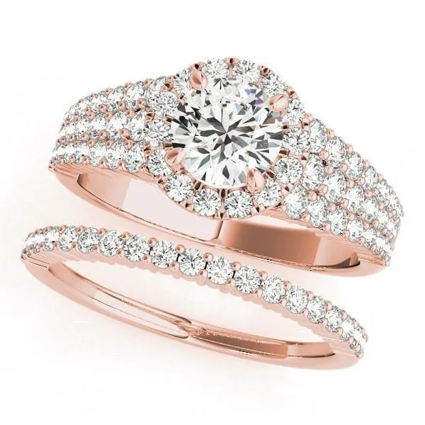 Echo Round Center Stone Triple Diamond Row with Halo Engagement Ring