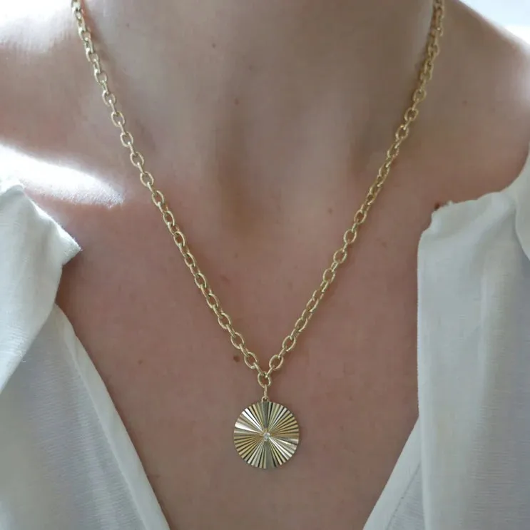 EF Collection Jumbo Gold and Diamond Fluted Disc Chain Necklace