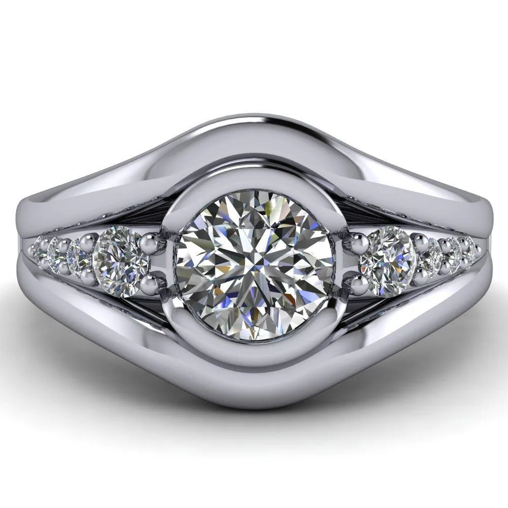 Elaine Round Center Stone Half-Bezel Accent Split Shank Ring