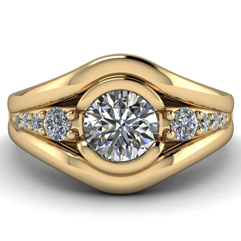 Elaine Round Center Stone Half-Bezel Accent Split Shank Ring