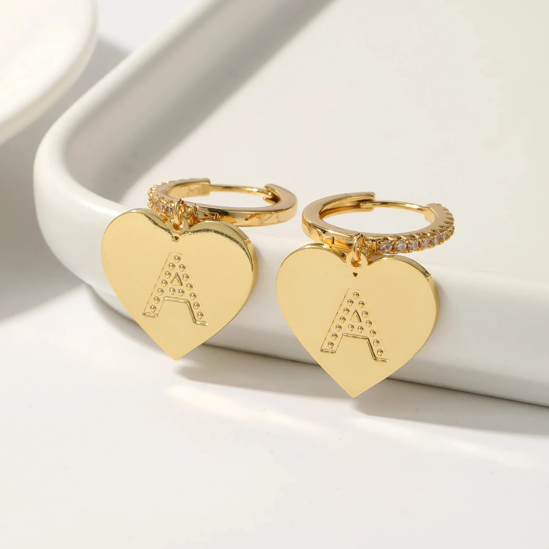 Elegant Huggie Hoop Heart Letter Initial Earrings