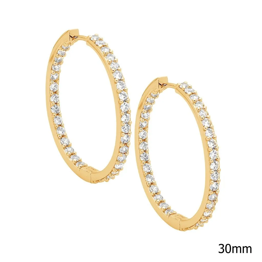 Ellani Sterling Silver CZ Set 30mm Gold PlateHoop Earrings E183G