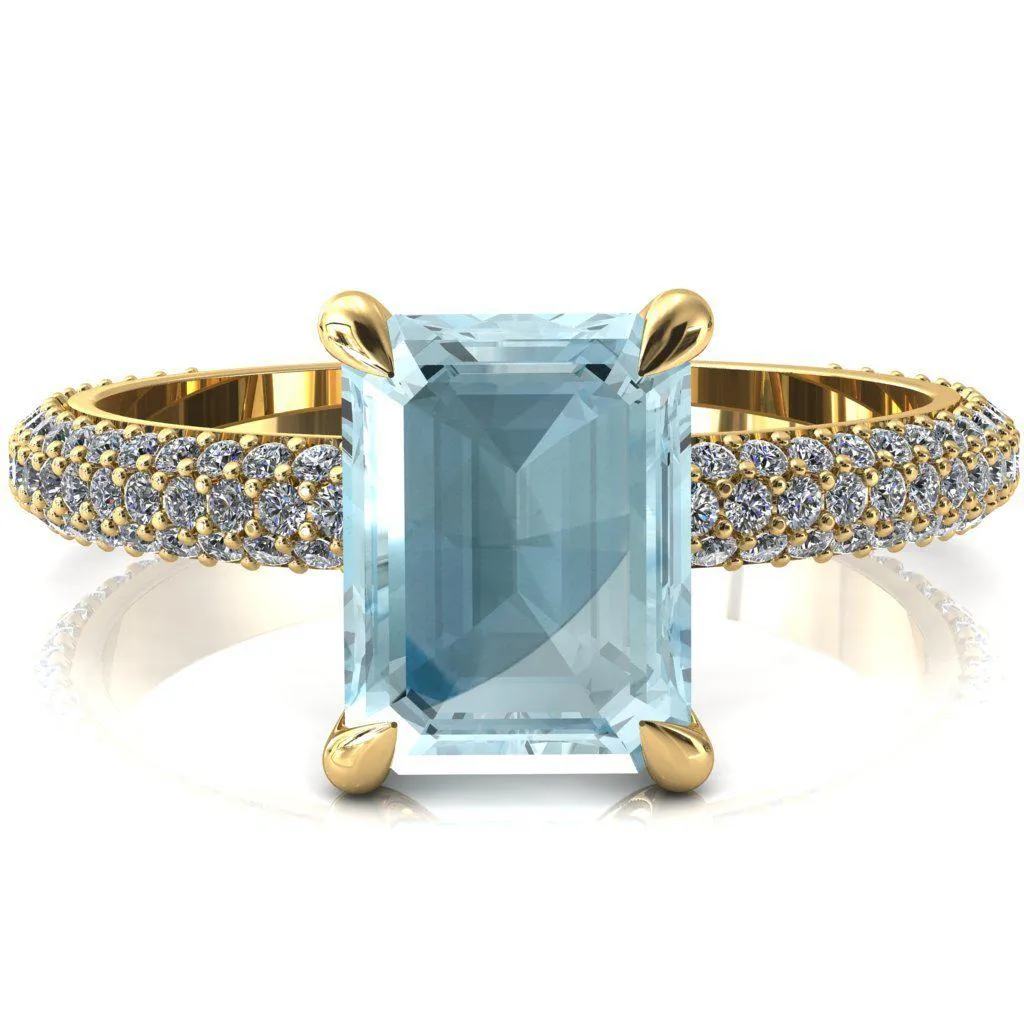 Elley Emerald Aqua Blue Spinel 4 Claw Prong Diamond Accent Engagement Ring