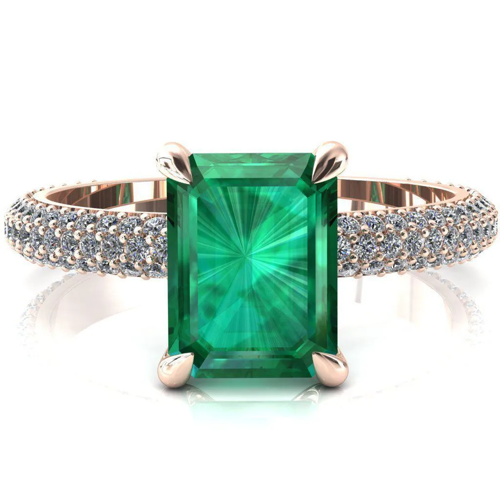 Elley Emerald Emerald 4 Claw Prong Diamond Accent Engagement Ring