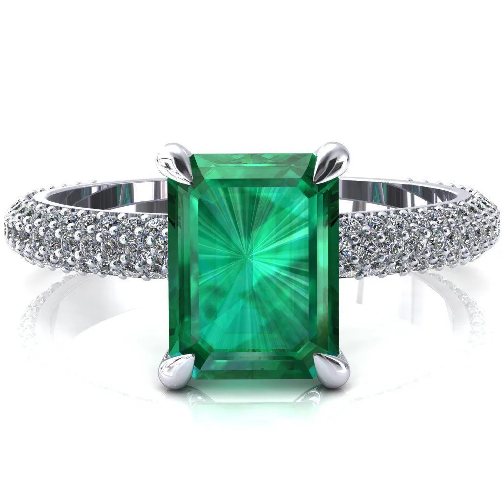 Elley Emerald Emerald 4 Claw Prong Diamond Accent Engagement Ring