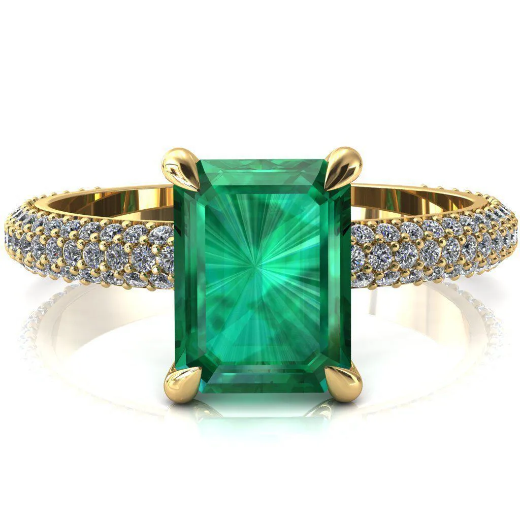 Elley Emerald Emerald 4 Claw Prong Diamond Accent Engagement Ring
