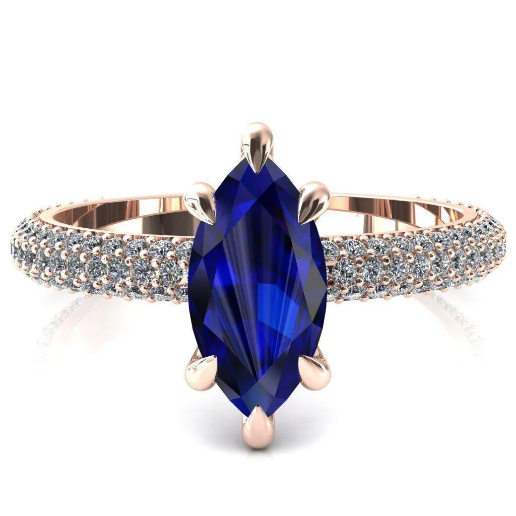 Elley Marquise Blue Sapphire 6 Claw Prong Diamond Accent Engagement Ring