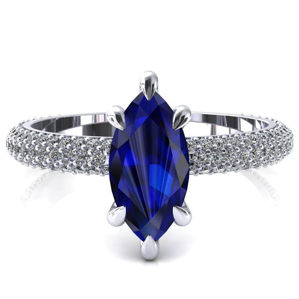 Elley Marquise Blue Sapphire 6 Claw Prong Diamond Accent Engagement Ring
