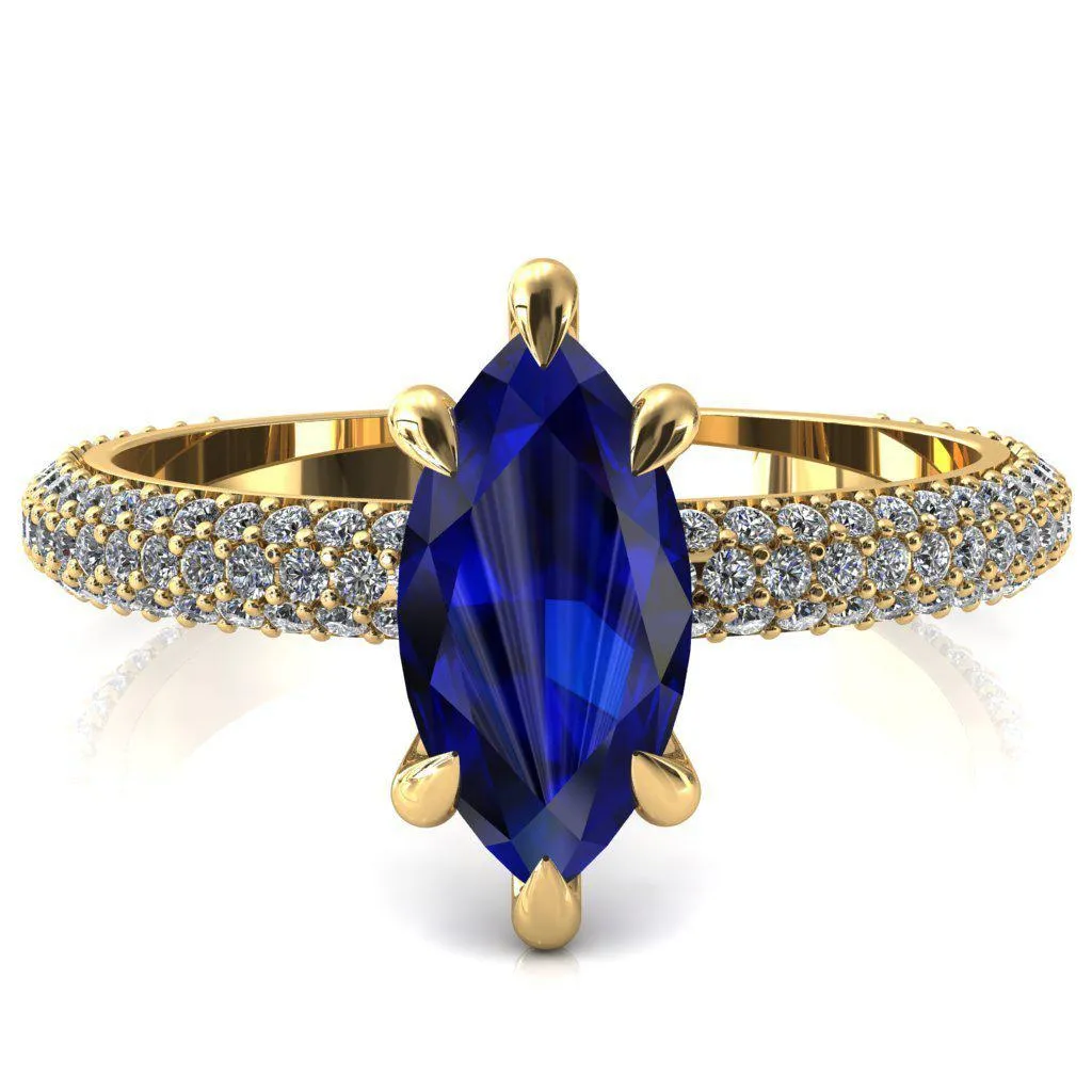 Elley Marquise Blue Sapphire 6 Claw Prong Diamond Accent Engagement Ring