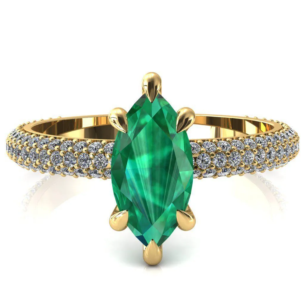 Elley Marquise Emerald 6 Claw Prong Diamond Accent Engagement Ring