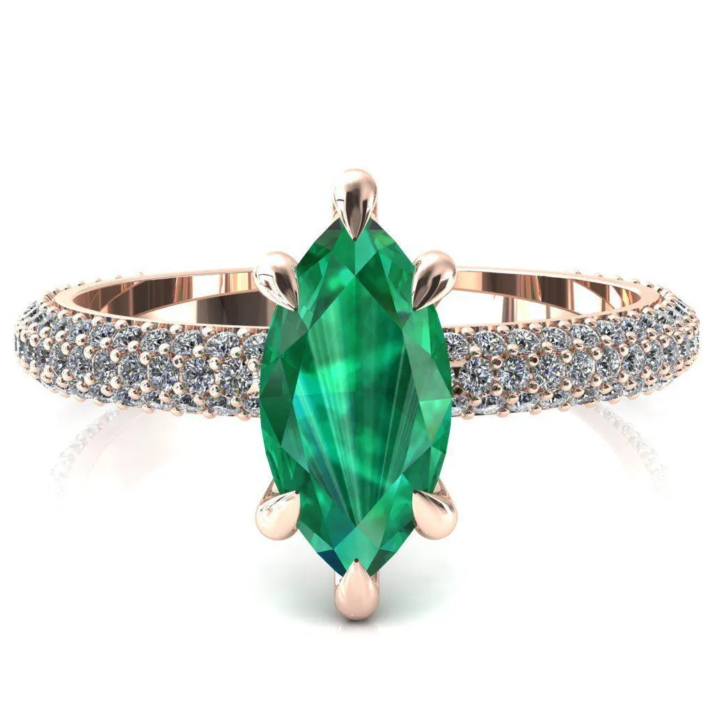 Elley Marquise Emerald 6 Claw Prong Diamond Accent Engagement Ring