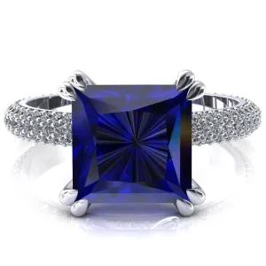 Elley Princess Blue Sapphire 4 Claw Prong Diamond Accent Engagement Ring