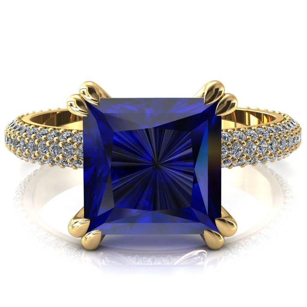 Elley Princess Blue Sapphire 4 Claw Prong Diamond Accent Engagement Ring