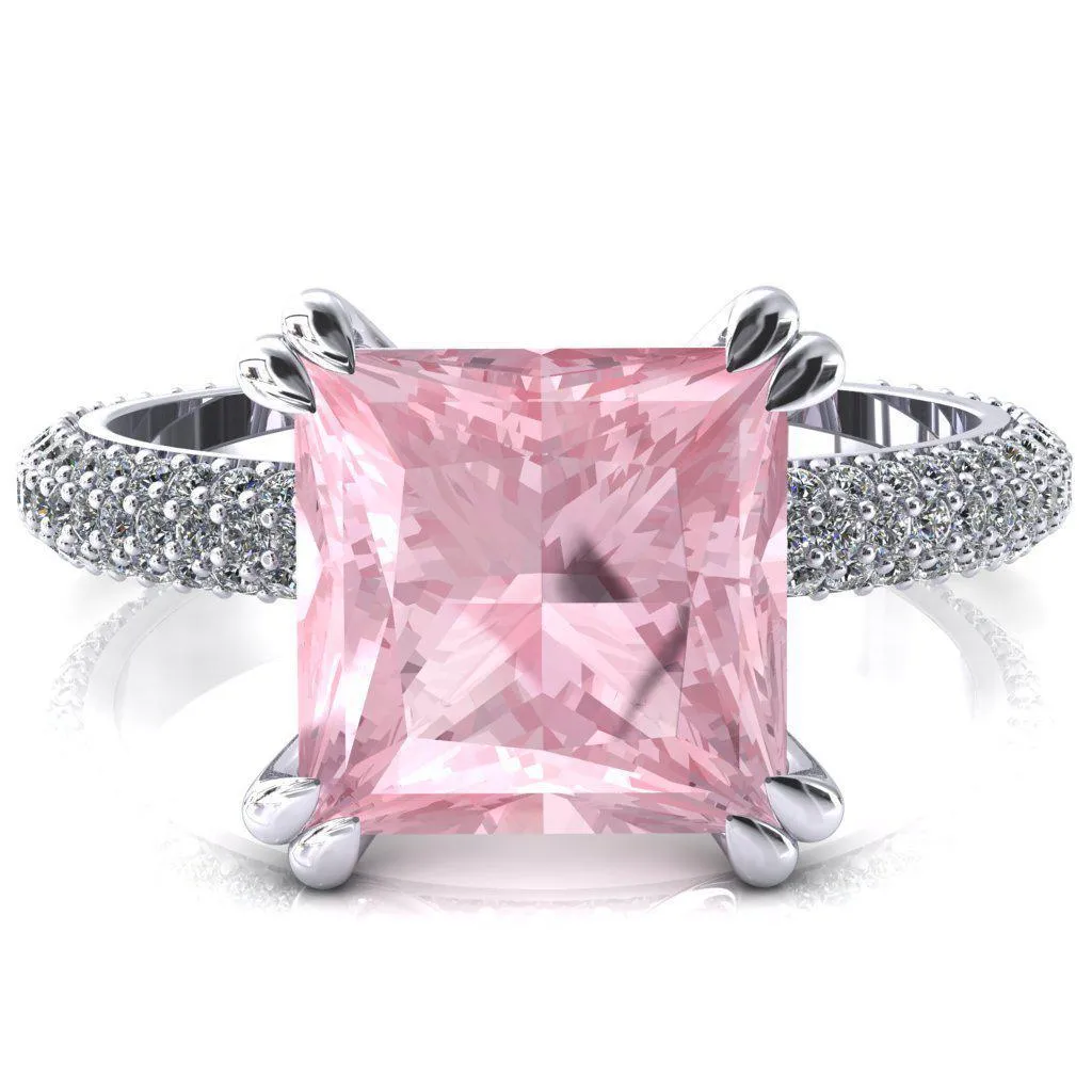 Elley Princess Pink Sapphire 4 Claw Prong Diamond Accent Engagement Ring