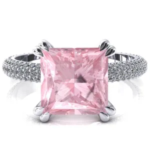 Elley Princess Pink Sapphire 4 Claw Prong Diamond Accent Engagement Ring