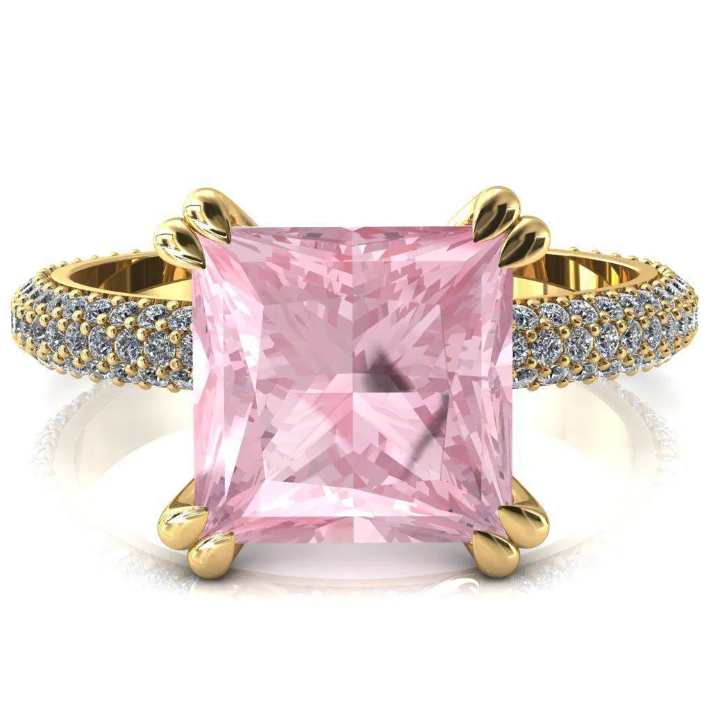 Elley Princess Pink Sapphire 4 Claw Prong Diamond Accent Engagement Ring