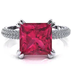 Elley Princess Ruby 4 Claw Prong Diamond Accent Engagement Ring