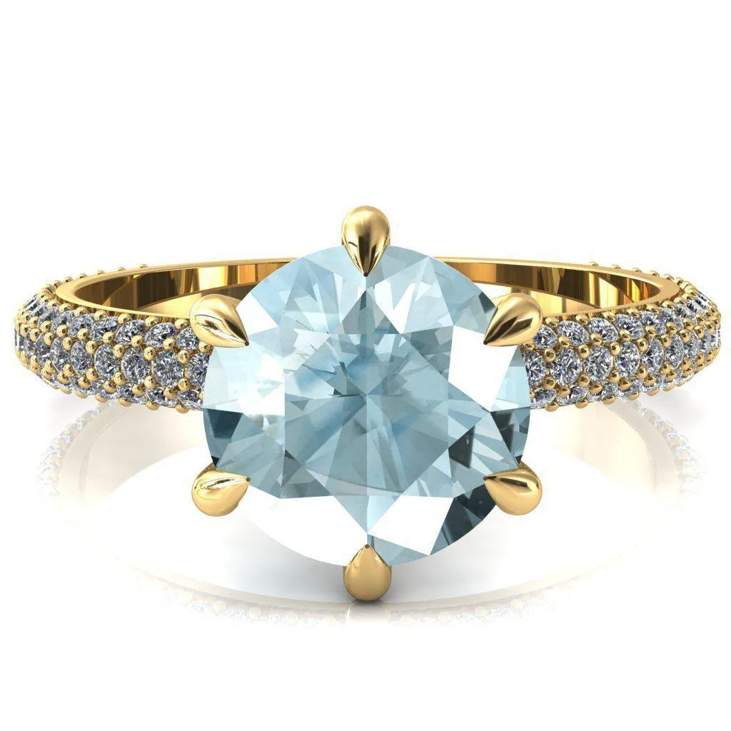 Elley Round Aqua Blue Spinel 6 Claw Prong Diamond Accent Engagement Ring