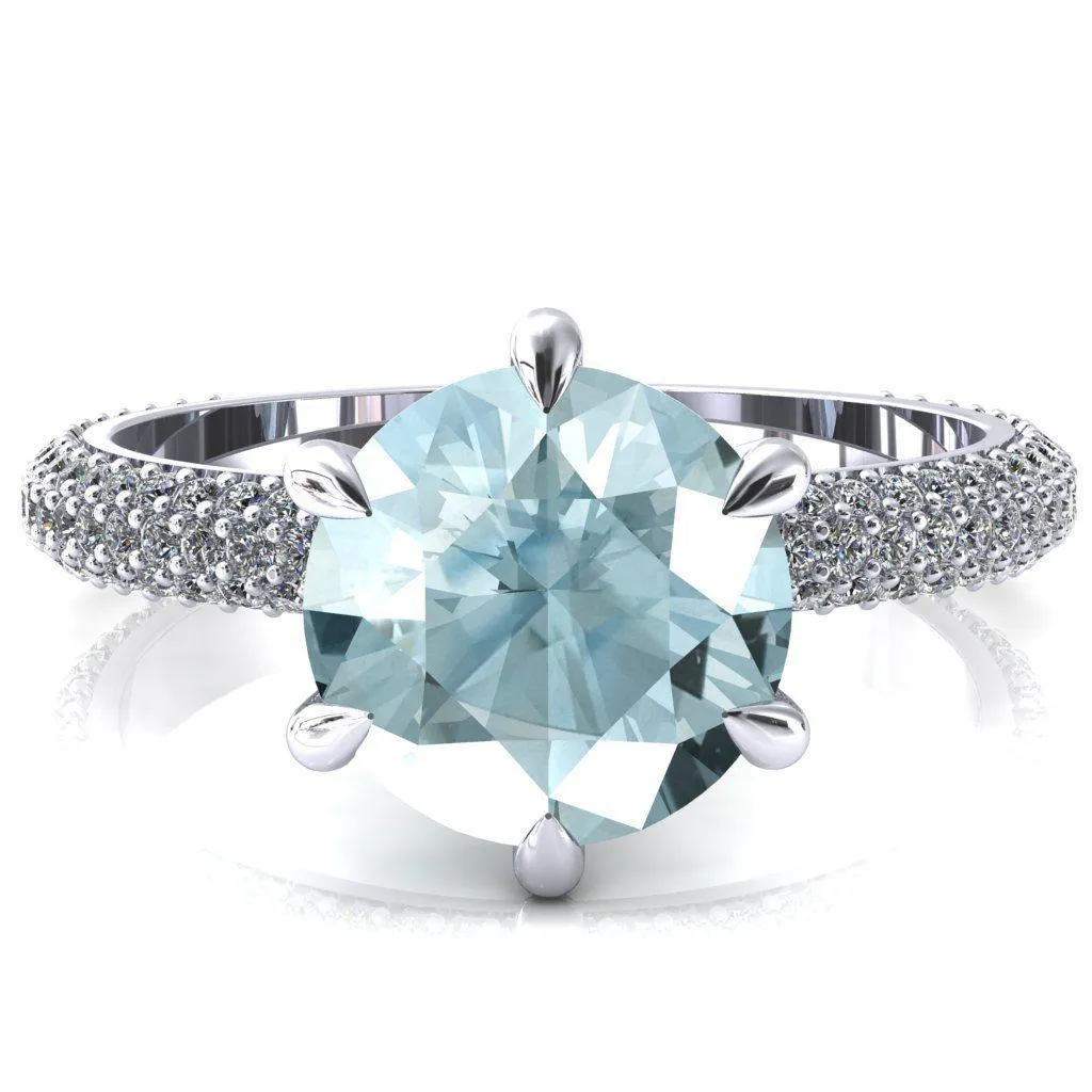 Elley Round Aqua Blue Spinel 6 Claw Prong Diamond Accent Engagement Ring