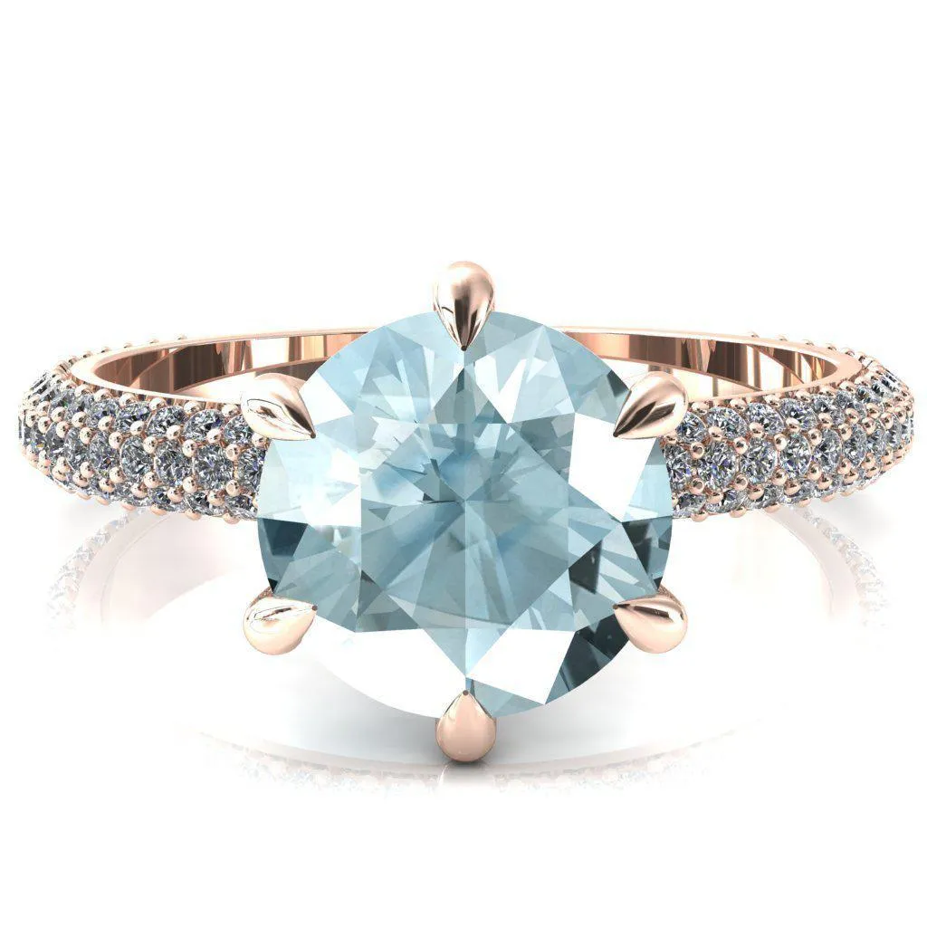 Elley Round Aqua Blue Spinel 6 Claw Prong Diamond Accent Engagement Ring