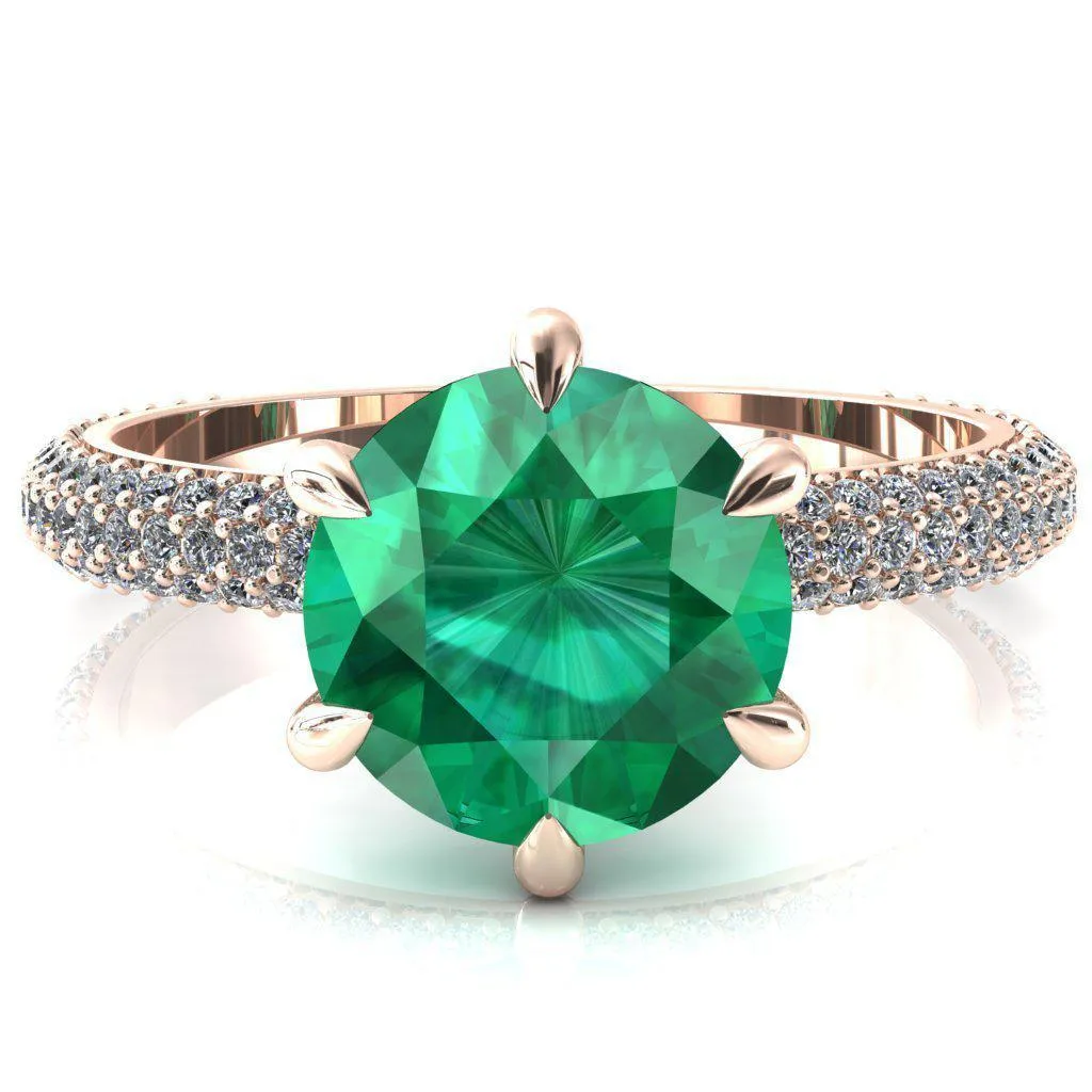 Elley Round Emerald 6 Claw Prong Diamond Accent Engagement Ring