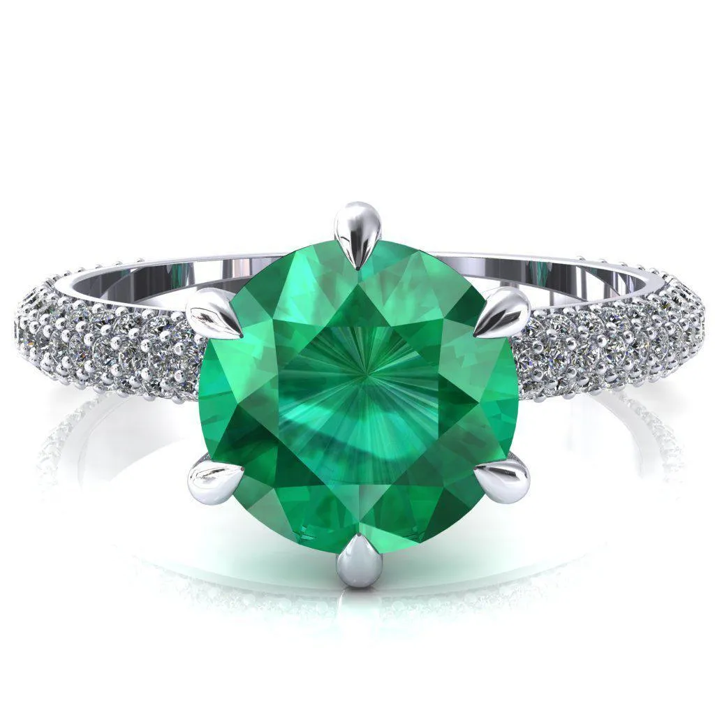 Elley Round Emerald 6 Claw Prong Diamond Accent Engagement Ring