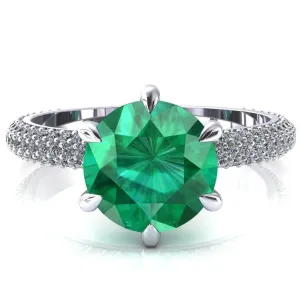 Elley Round Emerald 6 Claw Prong Diamond Accent Engagement Ring