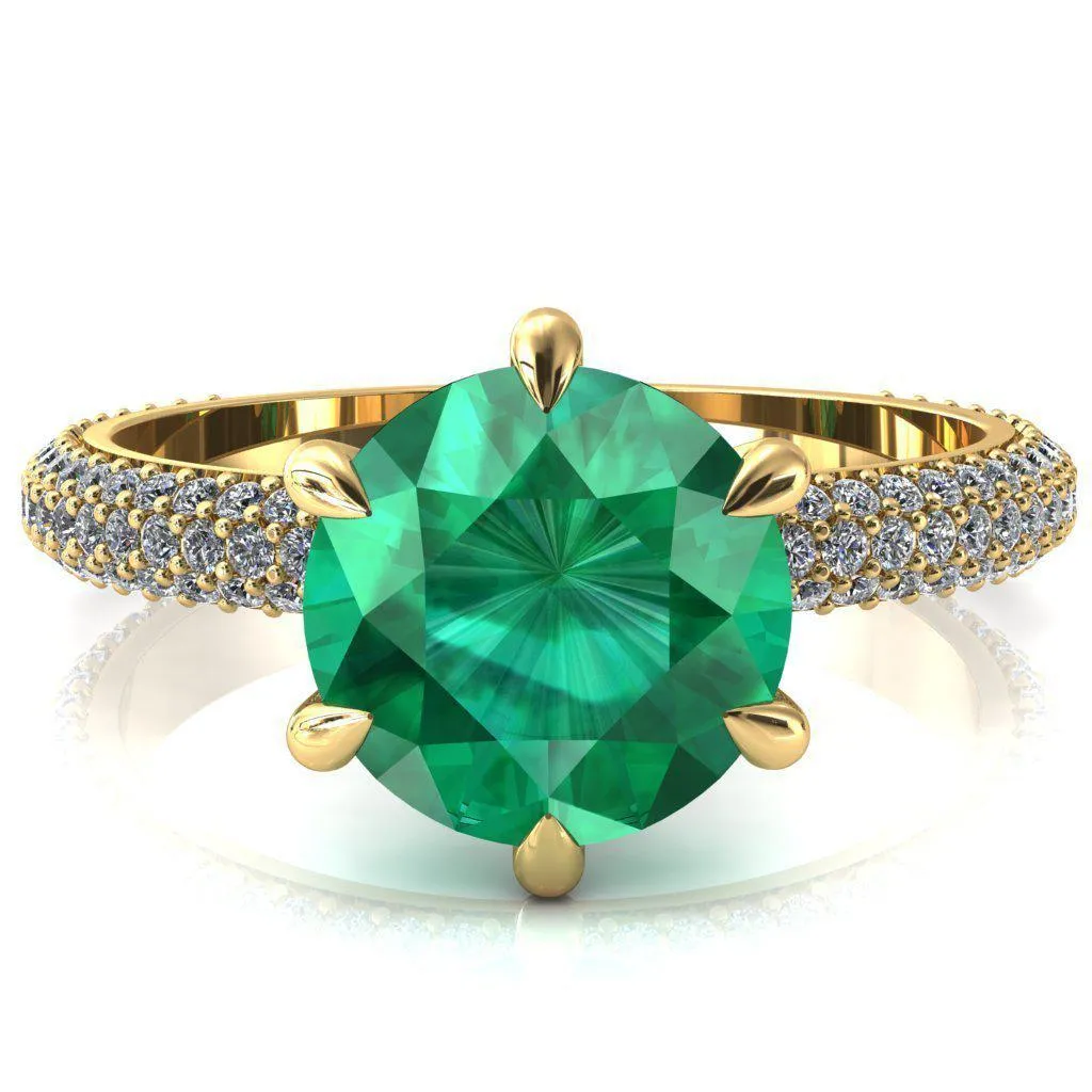 Elley Round Emerald 6 Claw Prong Diamond Accent Engagement Ring