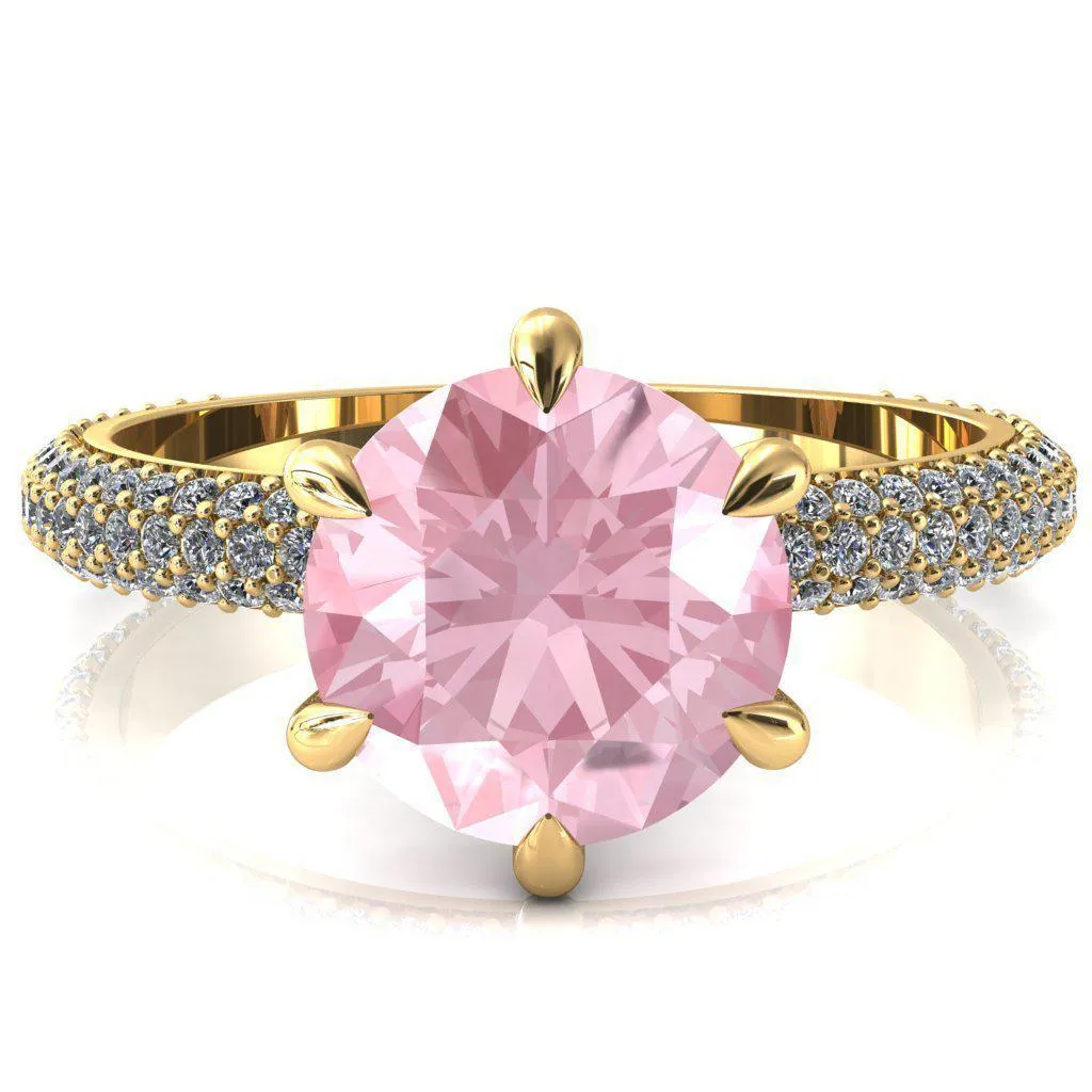 Elley Round Pink Sapphire 6 Claw Prong Diamond Accent Engagement Ring