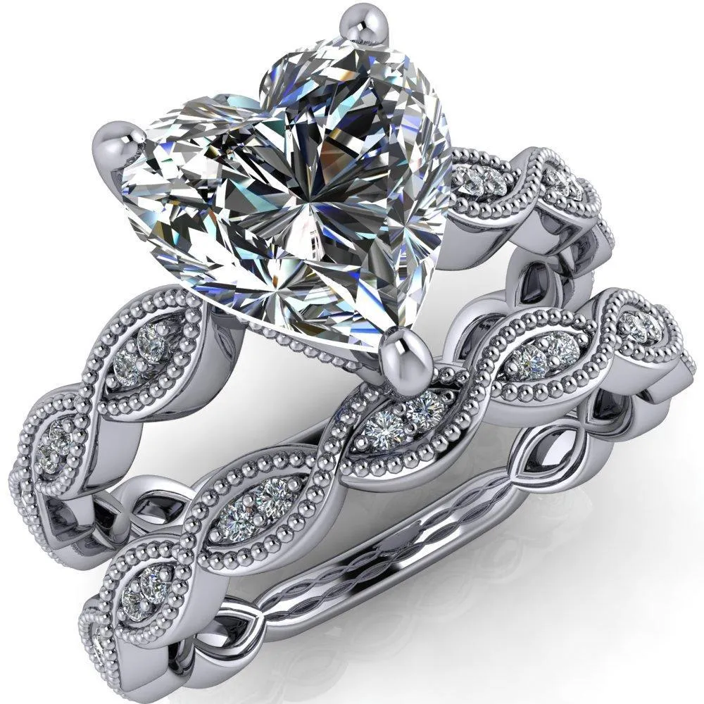Elsie Heart Moissanite 3 Prong Milgrain 3/4 Infinity Diamond Ring