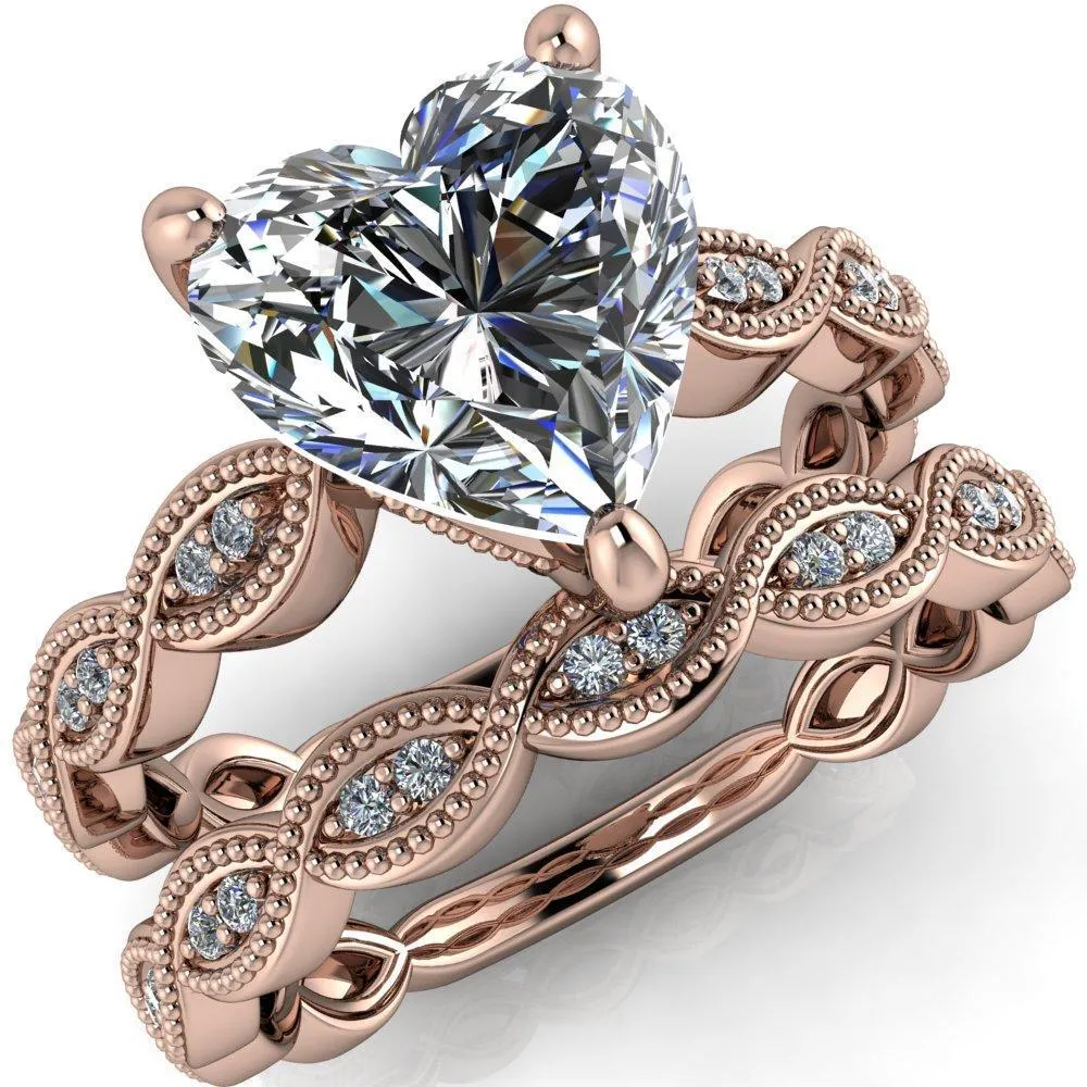 Elsie Heart Moissanite 3 Prong Milgrain 3/4 Infinity Diamond Ring