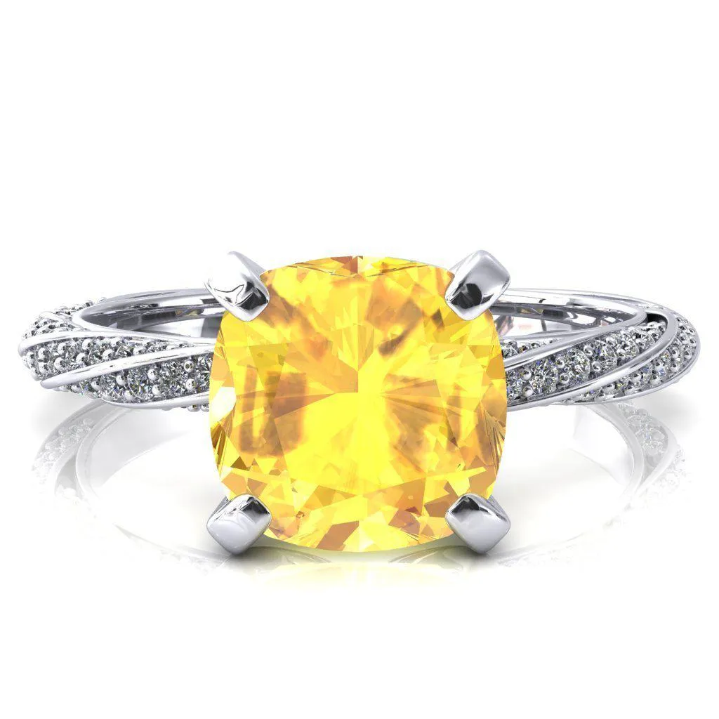 Elysia Cushion Yellow Sapphire 4 Prong 3/4 Eternity Diamond Accent Ring