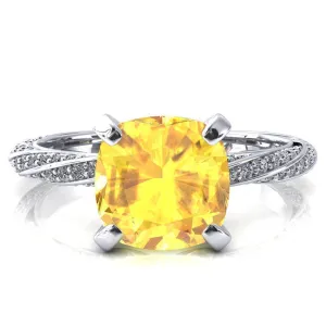 Elysia Cushion Yellow Sapphire 4 Prong 3/4 Eternity Diamond Accent Ring