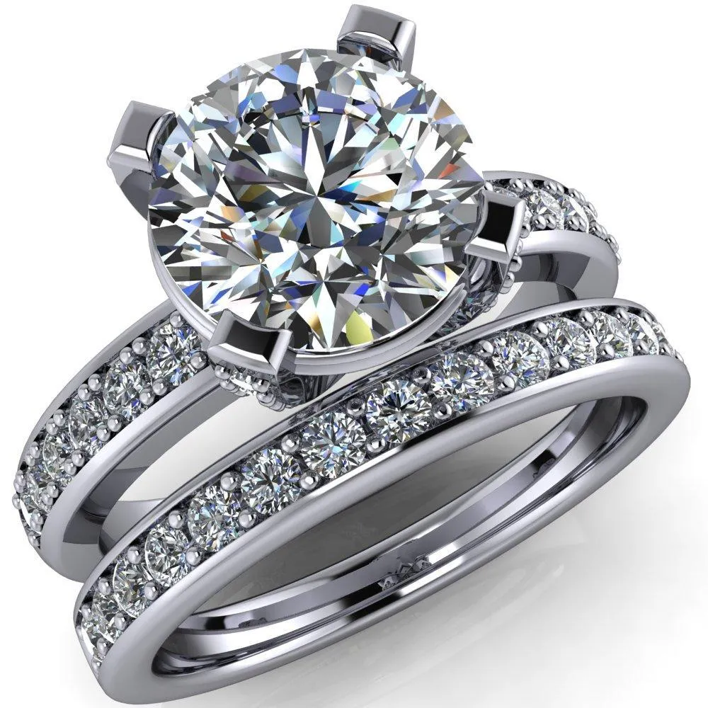 Emily Round Center Stone 4 Diamond Prongs Etched Wire Basket Setting with Diamond Sides Ring