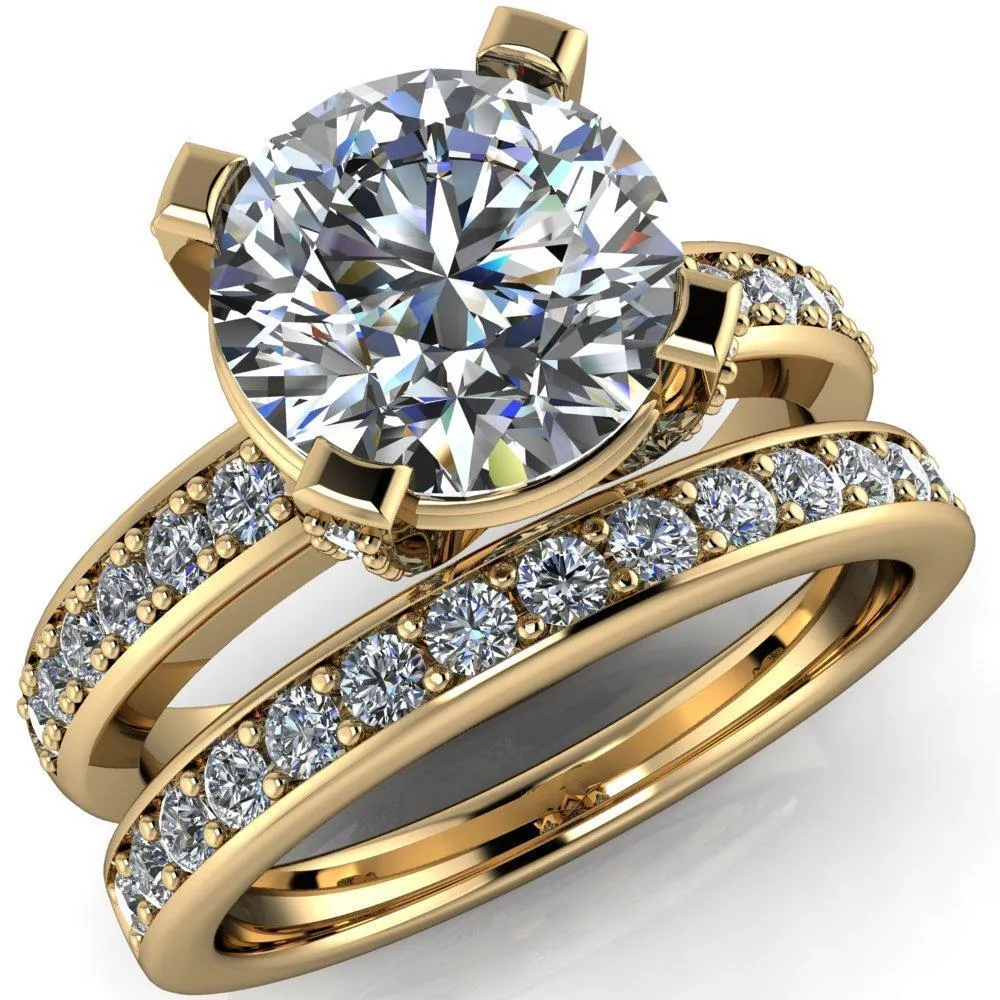 Emily Round Center Stone 4 Diamond Prongs Etched Wire Basket Setting with Diamond Sides Ring