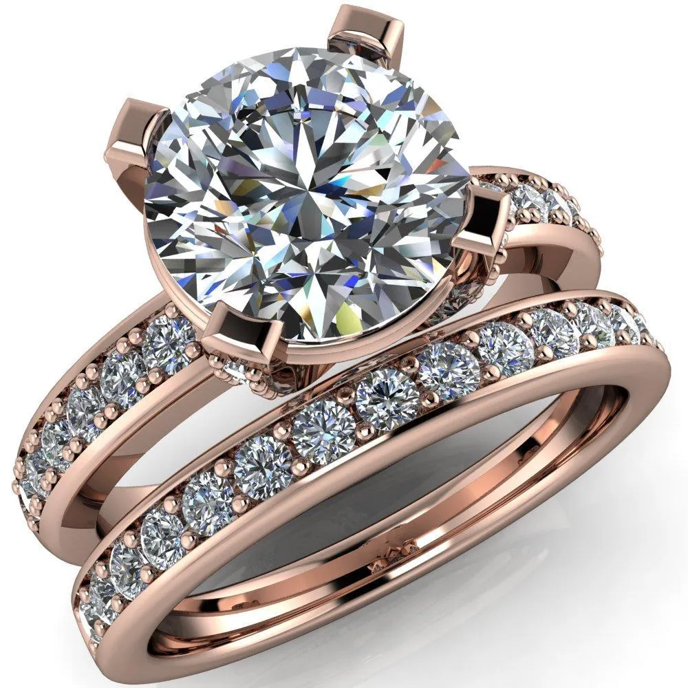 Emily Round Center Stone 4 Diamond Prongs Etched Wire Basket Setting with Diamond Sides Ring